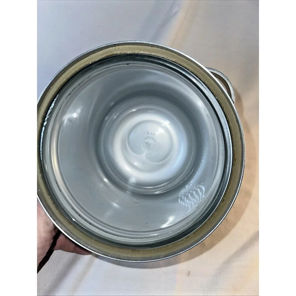 Vintage Buenilum & Pyrex Glass Lined Aluminum Ice Bucket w/ Lid Wooden Finial - Picture 4 of 12